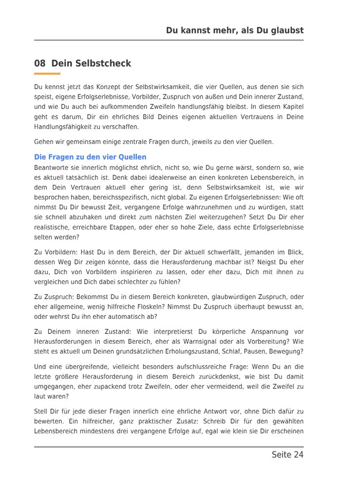 Beispielseite aus dem E-Book: Kapitel 8, Dein Selbstcheck, die Fragen zu den vier Quellen.