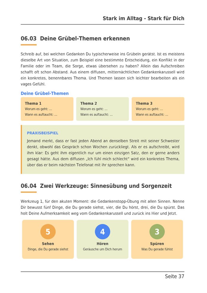 Seite aus dem Leitfaden zu Kurs 06 mit Grübel-Themen, Praxisbeispiel und der Sinnesübung.