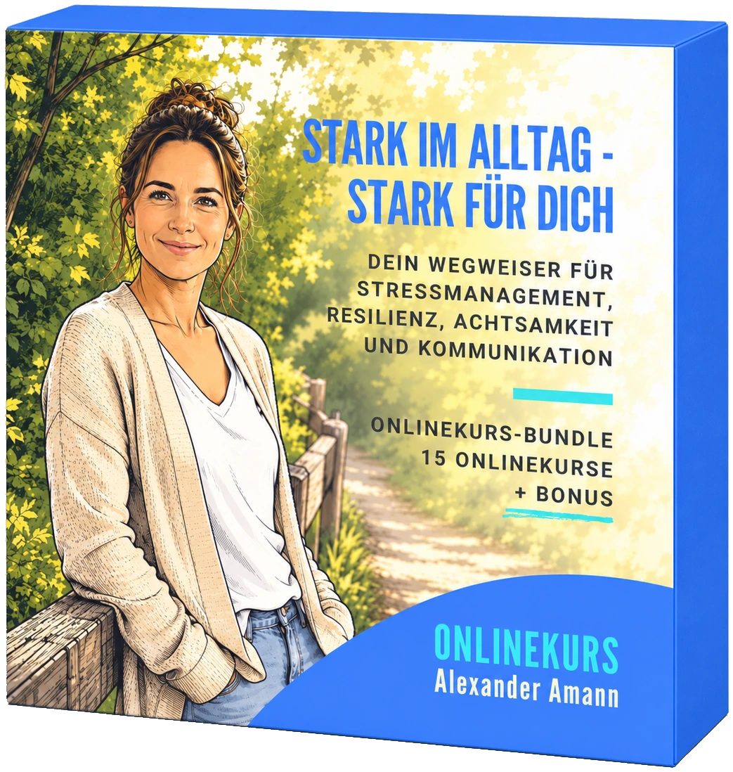Kursbox des Onlinekurs-Bundles „Stark im Alltag – Stark für Dich“ mit 15 Onlinekursen und Bonus.