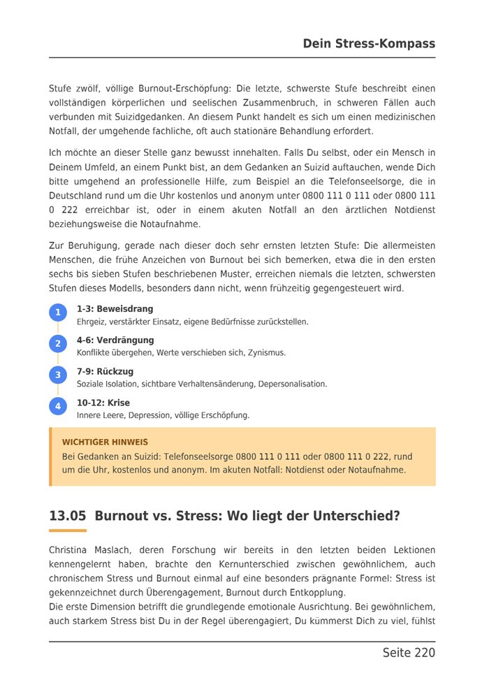 E-Book-Seite mit den zwölf Burnout-Phasen in vier Stufen und einem Hinweis auf Hilfsangebote.