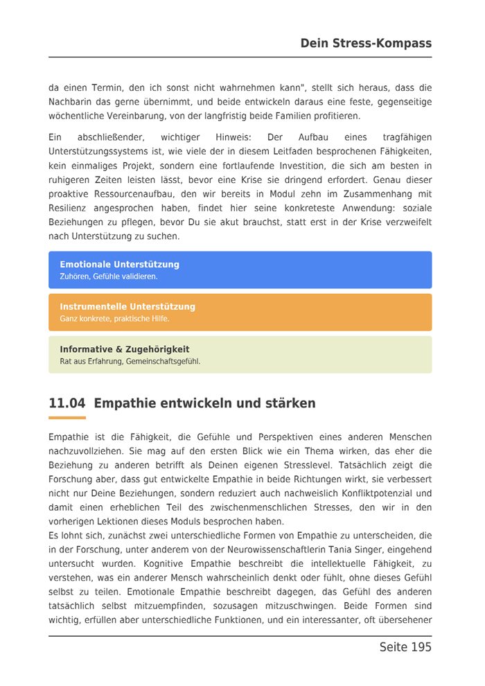 E-Book-Seite mit drei Kästen zu emotionaler, instrumenteller und informativer Unterstützung.