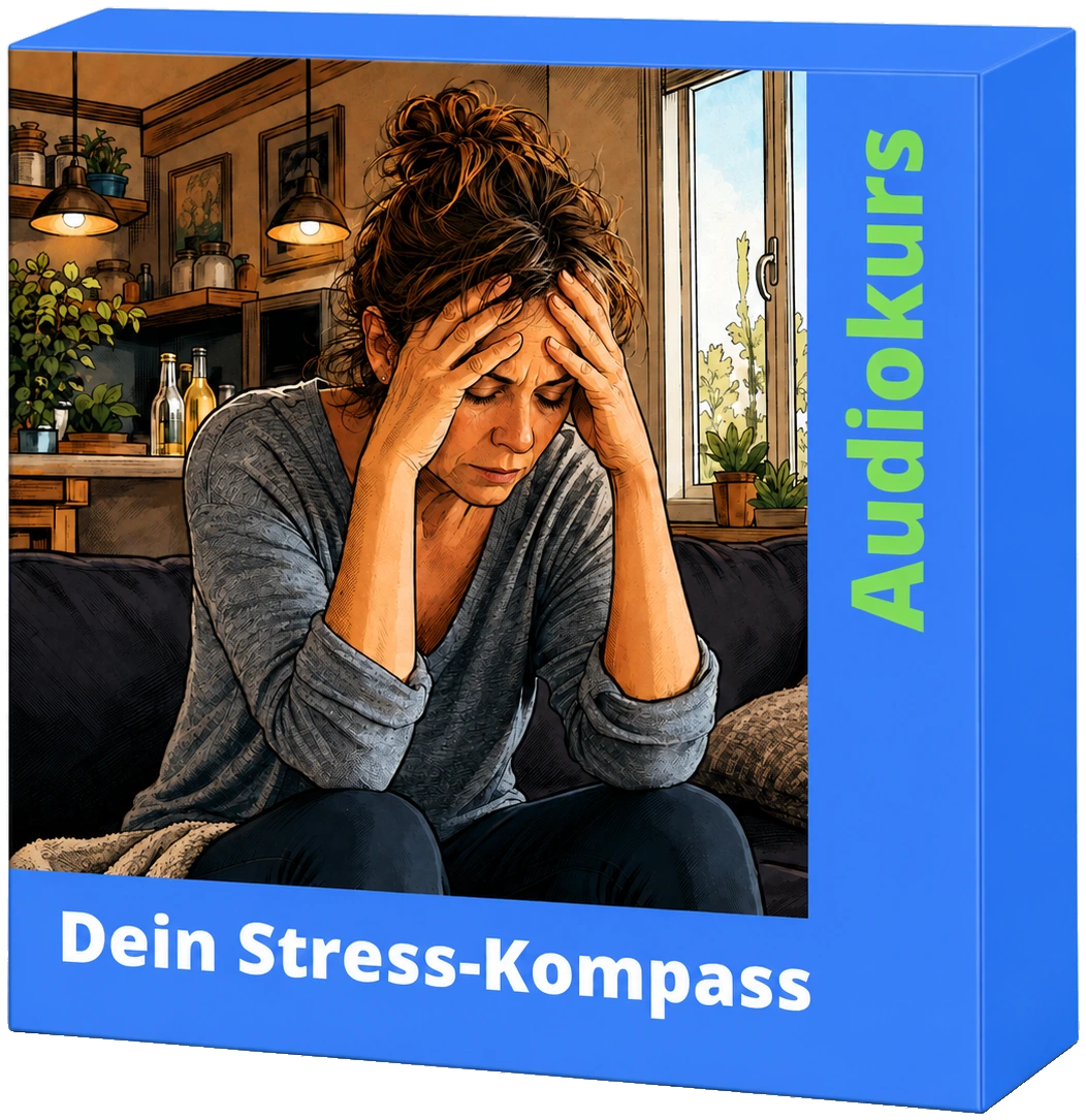 Kursbox des Audiokurses „Dein Stress-Kompass“, dasselbe Motiv mit dem Aufdruck Audiokurs.
